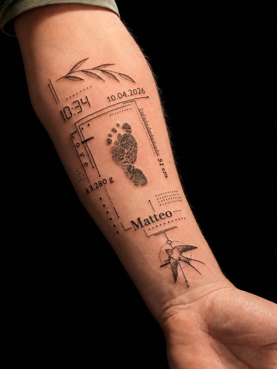 Fineline Geburts-Tattoo Babyfußabdruck Matteo – Nadelstub'n Eggelstetten