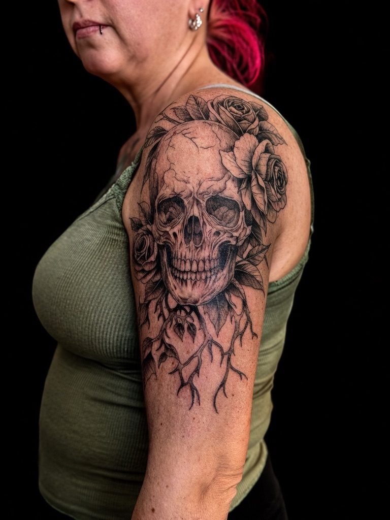 Black & Grey Totenkopf mit Rosen Tattoo – Nadelstub'n