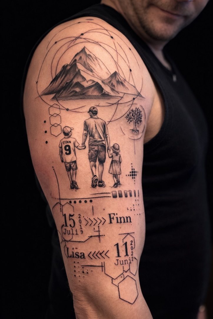 Fineline Familien Tattoo mit Bergmotiv – Nadelstub'n Donauwörth